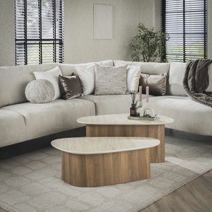 LifestyleFurn Organische Salontafel 'Laycie' Keramiek in Travertin-look, Set van 2 stuks