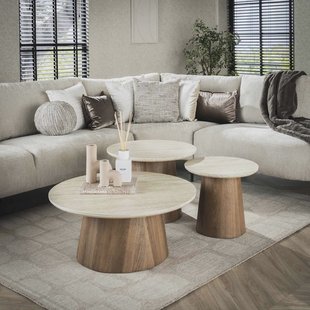 LifestyleFurn Ronde Salontafel 'Laycie' Keramiek in Travertin-look, Set van 3 stuks