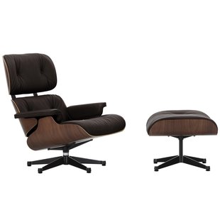 Vitra Eames Lounge Chair En Ottoman Walnoot Donker (nieuwe Afmeting) Zwart Gepolijst Onderstel/zitting Natural Leer Chocolate