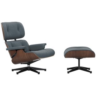Vitra Eames Lounge Chair En Ottoman Walnoot Donker (nieuwe Afmeting) Zwart Gepolijst Onderstel/zitting Premium Leer Smoke Blue