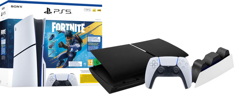 PS5 Slim Disc Edition Fortnite bundel +Covers Zwart + Extra Controller Wit + Oplaadstation