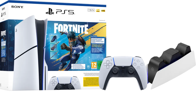 PlayStation 5 Slim Disc Edition Fortnite bundel + Extra Controller Wit + Oplaadstation