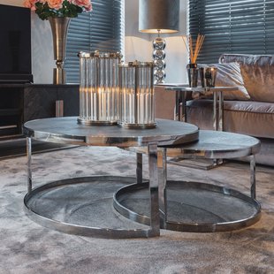Richmond Salontafel 'Blackbone' Eikenhout en Staal, kleur Zwart en Zilver set van 2 stuks