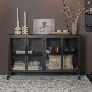 ZILT Industrieel Dressoir 'Bony' Op wieltjes, Metaaal en glas, 120cm, kleur zwart