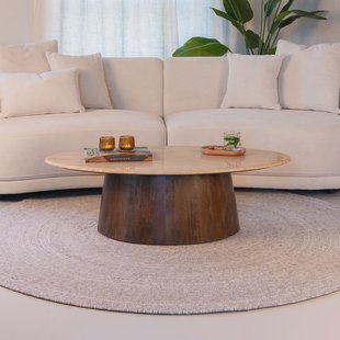 Sohome Ovale Salontafel 'Bailey' Mangohout en Travertin, 120 x 65cm