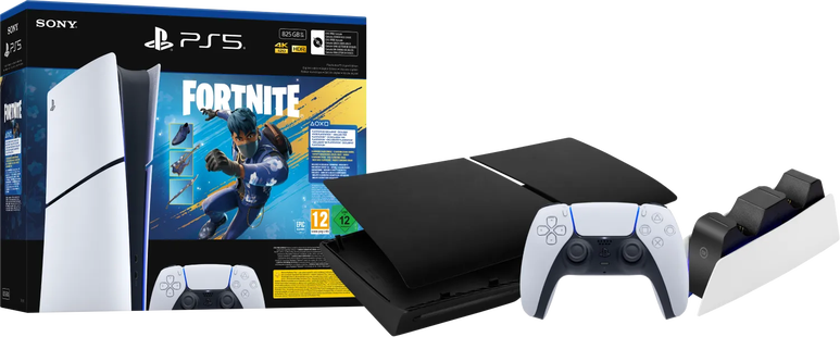 PS5 Slim Digital Edition Fortnite bundel + Covers Zwart + Extra Controller Wit + Oplaadstation