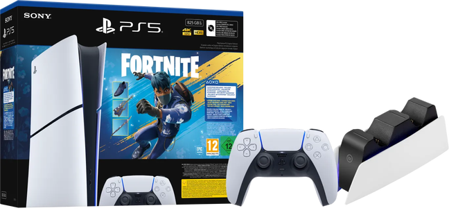 PlayStation 5 Slim Digital Edition Fortnite bundel + Extra Controller Wit + Oplaadstation