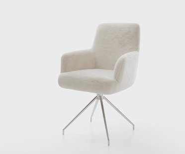 DELIFE Eetkamerstoel Heira-Flex met armleuning pluchen crème-wit kruisframe conisch roestvrij staal pocketveer kern