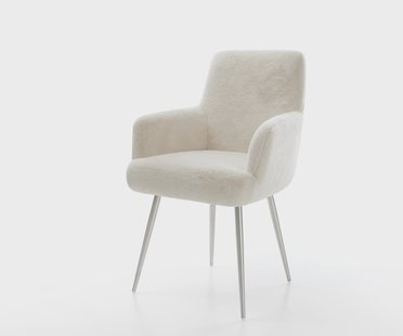 DELIFE Eetkamerstoel Heira-Flex met armleuning pluchen crème-wit 4-poot conisch roestvrij staal pocketveer kern