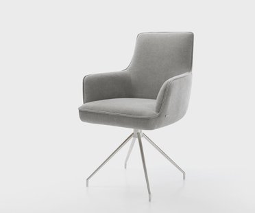 DELIFE Eetkamerstoel Heira-Flex met armleuning zachte stof met structuur grijs kruisframe conisch roestvrij staal pocketveer kern