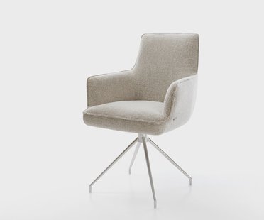 DELIFE Eetkamerstoel Heira-Flex met armleuning geweven stof beige kruisframe conisch roestvrij staal pocketveer kern