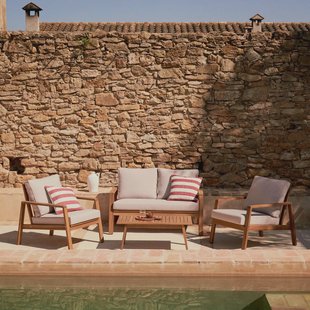 Kave Home Loungeset 'Frares' Acaciahout, Met 2-zits Bank, 2 fauteuils en salontafel