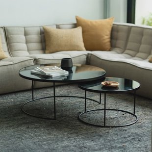 Ethnicraft Ronde Salontafel 'Nesting' Spiegelglas, Set van 2 stuks, kleur Charcoal