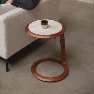 Zuiver Bijzettafel 'Doppio' Travertin en acaciahout, 45 x 41cm