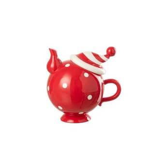 J-Line theepot Kerstmuts Dolomiet - keramiek - kerstrood|wit