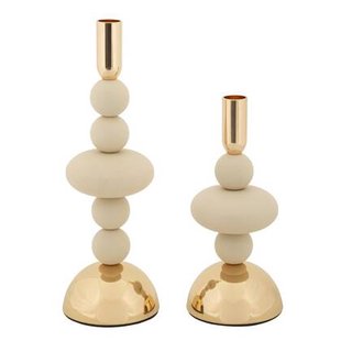 Set van 2 crèmekleurige en gouden metalen kaarsenhouders