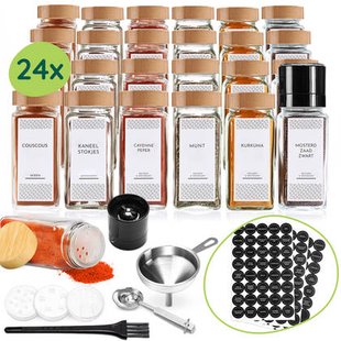 XIVADA Glazen kruidenpotjes vierkant - Stickers - Bamboe - 24 stuks