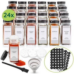 XIVADA Glazen kruidenpotjes vierkant - Stickers - Zwart - 24 stuks