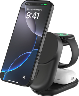 Belkin UltraCharge 3-in-1 MagSafe Draadloze Oplader met Standaard Qi2 25W Zwart