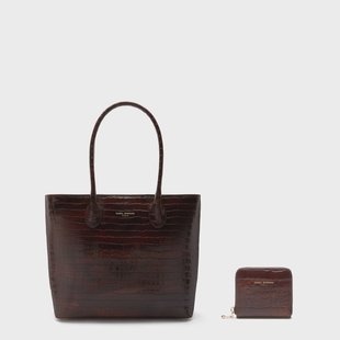 Isabel Bernard Cadeau d'Isabel croco bruin kalfsleren shopper en portemonnee gift set voor dames