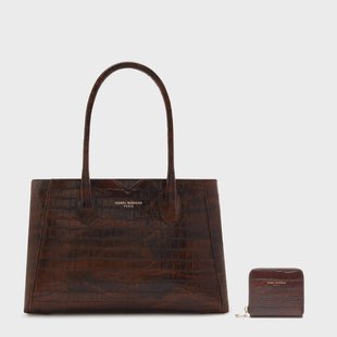 Isabel Bernard Cadeau d'Isabel croco bruin kalfsleren handtas en portemonnee gift set voor dames