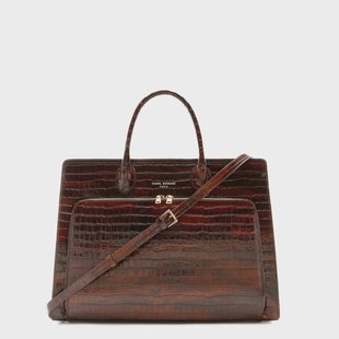 Isabel Bernard Honoré Nadine croco bruine kalfsleren handtas met 16.4 inch laptopvak voor dames