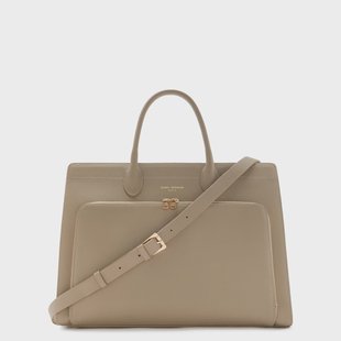 Isabel Bernard Honoré Nadine taupe leren handtas van kalfsleer met 16.4 laptopvak voor dames