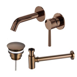 Fortifura Calvi Slim Wastafelkraanset - inbouw wastafelkraan - always open plug - verlaagde design sifon - Geborsteld koper PVD (Koper) SW799403 / SW970034 / SW799405