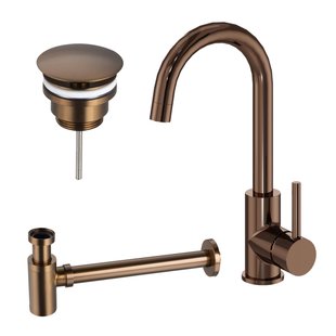 Fortifura Calvi Wastafelkraanset - hoge wastafelkraan - draaibare uitloop - always open plug - verlaagde design sifon - Geborsteld koper PVD (Koper) SW799403 / SW799405 / SW970035