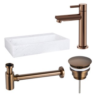 Fortifura Fuente fonteinset - 38x24cm - 1 kraangat - marmer - fonteinkraan koper - wit SW970033/SW799405/SW799403/SW451336