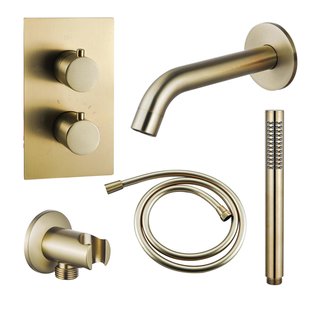 Fortifura Calvi Badkraan set - uitloop - 22cm inkortbaar - gladde slang - staafhanddouche - inbouwdeel - wandhouder - geborsteld messing SW720569/SW728176/SW721169/SW1122513/SW720570