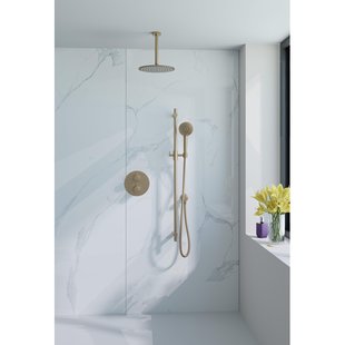 Fortifura Calvi Inbouw Regendoucheset - rond - thermostatisch - plafondarm - glijstang - 25cm hoofddouche - ronde handdouche - Geborsteld Messing PVD (Goud) SW706206/SW720555/SW720557/SW1183046/SW721169/SW76