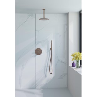 Fortifura Calvi inbouw Regendoucheset - rond - thermostatisch - plafondarm - 25cm hoofddouche - staaf handdouche - Geborsteld koper PVD (Koper) SW970038/SW970041/SW970042/SW970045/SW970046/SW970