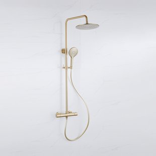 Fortifura Calvi Regendoucheset - thermostatisch - 25cm hoofddouche - gladde slang - ronde handdouche - Geborsteld Messing PVD (Goud) SW1159501 SW799449 SW728176