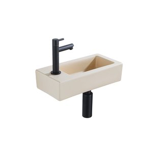 QeramiQ Fuente Fonteinset - 37.5x18.5x9cm - keramiek - kraangat links - fonteinkraan zwart mat - afvoerplug - verlaagd sifon - Mat Beige SW1122452/SW696205/SW696215/SW696235