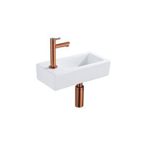 QeramiQ Fuente Fonteinset - 37.5x18.5x9cm - keramiek - kraangat links - fonteinkraan geborsteld koper - afvoerplug - verlaagd sifon - Glans wit SW1122449/SW799405/SW799403/SW970033