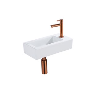 QeramiQ Fuente Fonteinset - 37.5x18.5x9cm - keramiek - kraangat rechts - fonteinkraan geborsteld koper - afvoerplug - verlaagd sifon - Glans wit SW1122445/SW799405/SW799403/SW970033