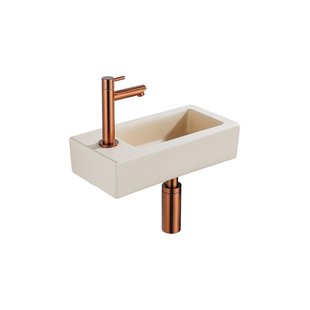 QeramiQ Fuente Fonteinset - 37.5x18.5x9cm - keramiek - kraangat links - fonteinkraan geborsteld koper - afvoerplug - verlaagd sifon - Mat Beige SW1122452/SW799405/SW799403/SW970033