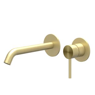 IVY Concord Wastafelmengkraan - 2-gats - met inbouwdeel - wandmontage - gebogen uitloop - coldstart - RVS316 - geborsteld mat goud PVD 6100362/6199001