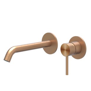 IVY Concord Wastafelmengkraan - 2-gats - met inbouwdeel - wandmontage - gebogen uitloop - coldstart - RVS316 - geborsteld mat koper PVD 6100363/6199001