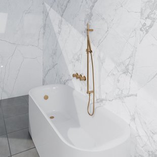 Fortifura Nebbio Badcombinatie-set - thermostaatkraan - glijstang met geïntegreerde wandaansluitbocht - gladde doucheslang - staaf handdouche - badvulcombinatie - geborsteld messing PVD (goud) SW1183067 SW1111531 SW728176 SW720570 SW1108811SW1