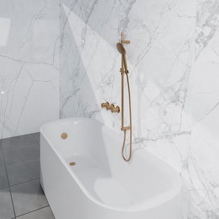 Fortifura Nebbio Badcombinatie-set - thermostaatkraan - glijstang met geïntegreerde wandaansluitbocht - gladde doucheslang - ronde handdouche - badvulcombinatie - geborsteld messing PVD (goud) SW1183067 SW1111531 SW728176 SW799449 SW1108811 SW