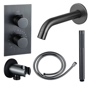 Fortifura Calvi Badkraan set - uitloop - 22cm inkortbaar - metalen slang - staafhanddouche - inbouwdeel - wandhouder - geborsteld gunmetal PVD SW766536/SW706207/SW721170/SW1122514/SW766537