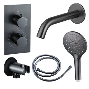 Fortifura Calvi Badkraan set - uitloop - 22cm inkortbaar - gladde slang - ronde handdouche - inbouwdeel - wandhouder - geborsteld gunmetal PVD SW721165/SW766536/SW799451/SW1122514/SW1159495