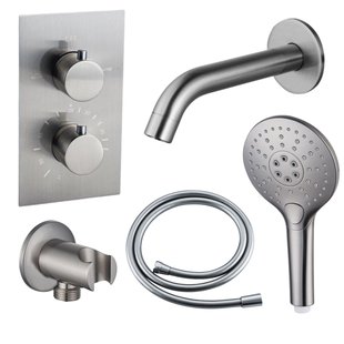 Fortifura Calvi Badkraan set - uitloop - 22cm inkortbaar - gladde slang - ronde handdouche - inbouwdeel - wandhouder - geborsteld RVS PVD SW542645/SW728177/SW1159493/SW1122512/SW799447