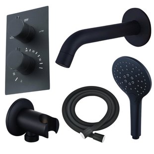 Fortifura Calvi Badkraan set - uitloop - 22cm inkortbaar - gladde slang - ronde handdouche - inbouwdeel - wandhouder - mat zwart SW542644/SW706210/SW721167/SW1122511/SW496816