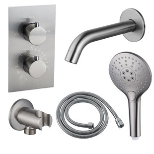 Fortifura Calvi Badkraan set - uitloop - 22cm inkortbaar - metalen slang - ronde handdouche - inbouwdeel - wandhouder - geborsteld RVS PVD SW542645/SW706208/SW1159493/SW1122512/SW799447