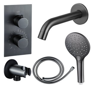 Fortifura Calvi Badkraan set - uitloop - 22cm inkortbaar - metalen slang - ronde handdouche - inbouwdeel - wandhouder - geborsteld gunmetal PVD SW766536/SW706207/SW721170/SW1122514/SW799451