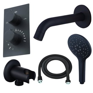 Fortifura Calvi Badkraan set - uitloop - 22cm inkortbaar - metalen slang - ronde handdouche - inbouwdeel - wandhouder - mat zwart SW542644/SW706203/SW721167/SW1122511/SW496816