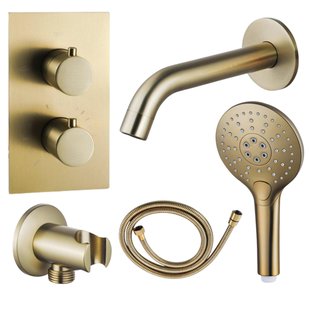 Fortifura Calvi Badkraan set - uitloop - 22cm inkortbaar - metalen slang - ronde handdouche - inbouwdeel - wandhouder - geborsteld messing SW720569/SW706206/SW721169/SW1122513/SW799449